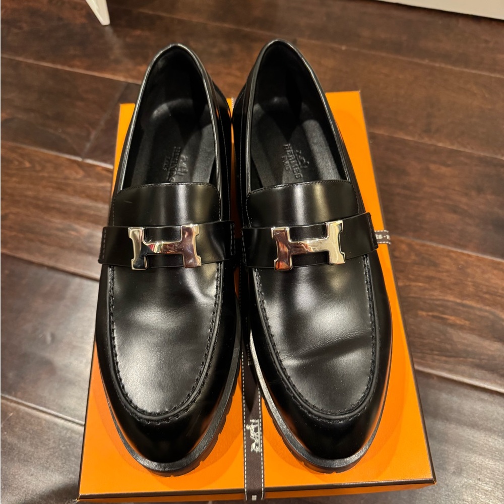 Hermes Black Leather Loafers with Silver Accent